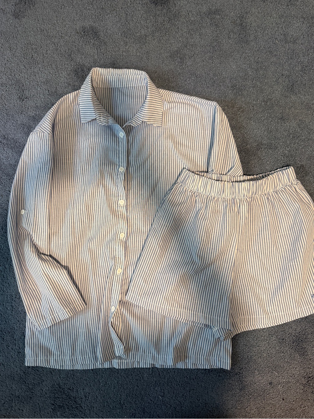 SHEIN Blue & White Striped Kids Button-Down Shirt and Shorts Set